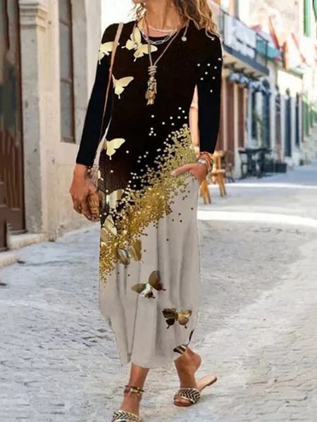 

Farfalla nera Stampato Casuale Vacanza Maniche Lunghe Maxi Gonna, Nero, Midi Dresses