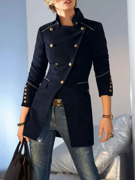 

Plain Stand Collar Vintage Outerwear, Dark blue, Blazers