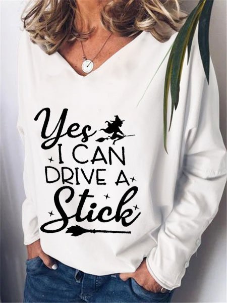 

Yes I Can Drive Stick Letter Pattern Casual Shirts & Tops, White, Long sleeve tops