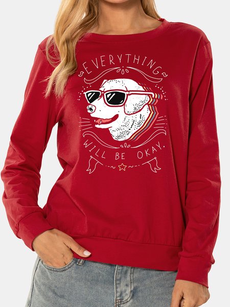 Unocis Dog Print Round Neck Long-sleeved Cotton-blend Sweatshirt, Red, Hoodies