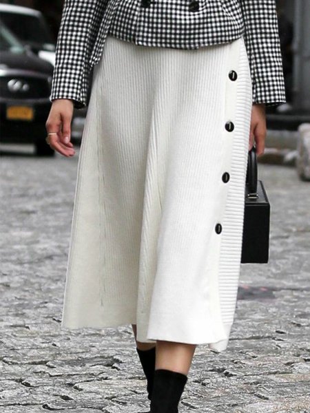 

Regular Fit Daily Solid Sweater Skirt, White, Midi Skirts