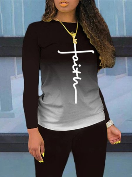 

Casual Long Sleeve Round Neck Plus Size Printed Tops T-shirts, Black, T-Shirts
