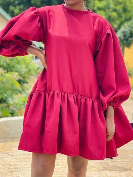 

Vintage Sweet Casual Bishop Sleeve Dress, Rose red, Mini Dresses