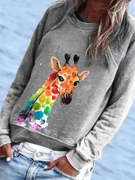 

Printed Long Sleeve Casual Tops, Gray, Hoodies&Sweatshirts
