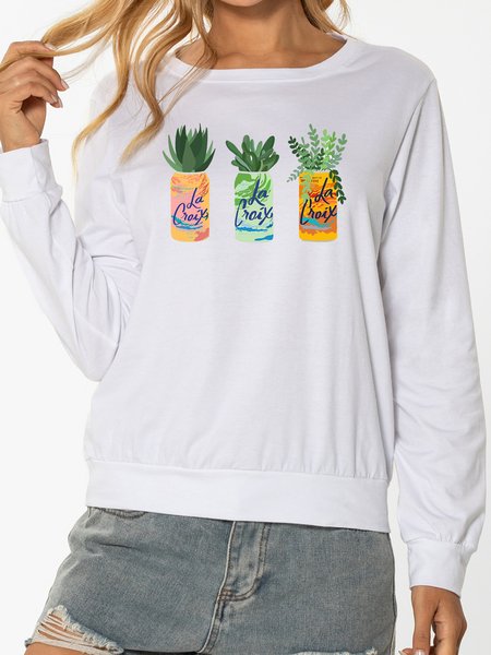 

Unocis Plant Round Neck Long Sleeve Graphic Sweatshirt, White, Hoodies
