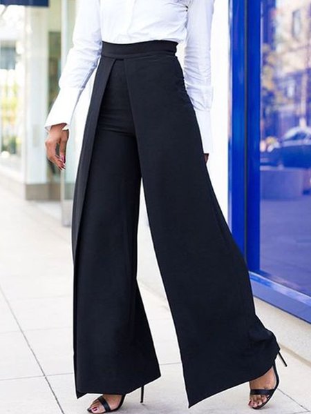 

Work Formal Solid Simple Pants, Black, Wide Leg Pants