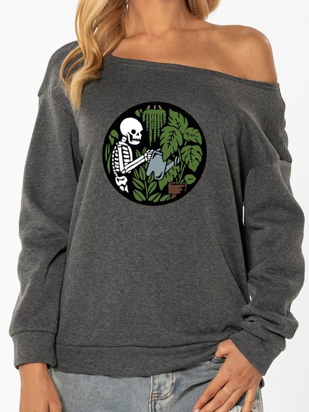 

Unocis Skull Watering Flowers Long Sleeve Polyester Cotton Off Shoulder Sweatshirt, Gray, Hoodies