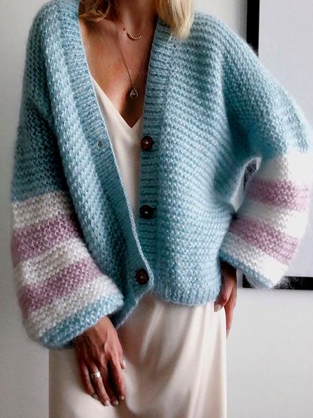 

Vacation Striped Blue Knit Outerwear, Cardigans
