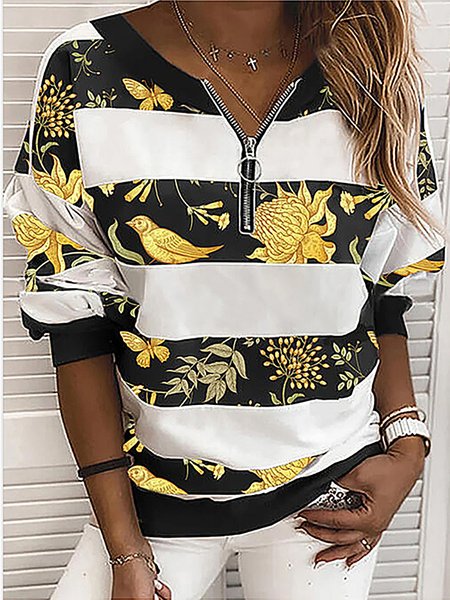

Casual Pants Printed Striped Long Sleeves Tops, Black, Tops