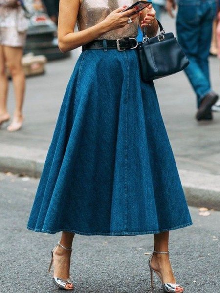 

A Line Plain Denim Daily Skirt, Blue, Midi Skirts