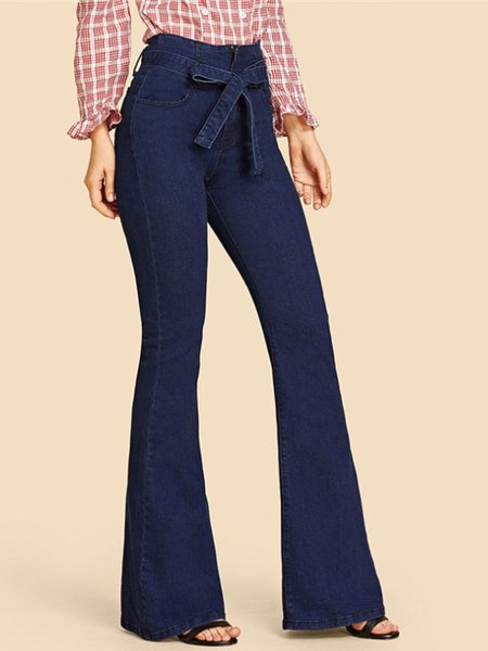 

High Waist Zipper fly Slim Fit Casual Pants, Blue, Flared Pants