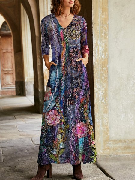 

Scollo a V Floreale Abito, Viola, Maxi Dresses
