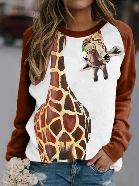 

Animale Stampato Maniche Lunghe Casuale Top, Marrone, Blouses & Shirts