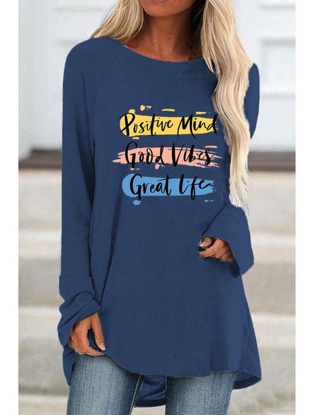 

Loosen Casual Round Neck Shirts & Tops, Blue, T-Shirts