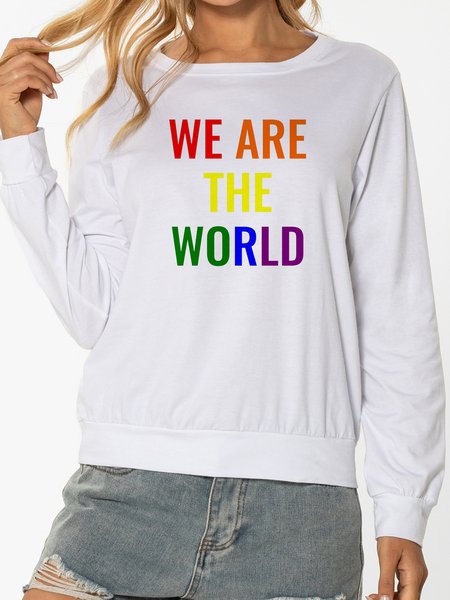 

Unocis We Are The World Round Neck Round neck Long Sleeve Polyester Cotton Letter Sweatshirt, White, Hoodies