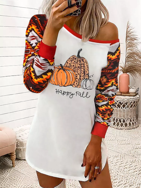 

Happy Fall Aztec Geometric Pumpkin Leopard Casual Mini Dresses, White, Casual Dresses
