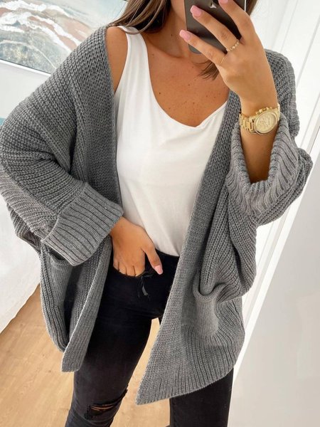 

Casual Pockets Long Sleeve Outerwear, Gray, Cardigans