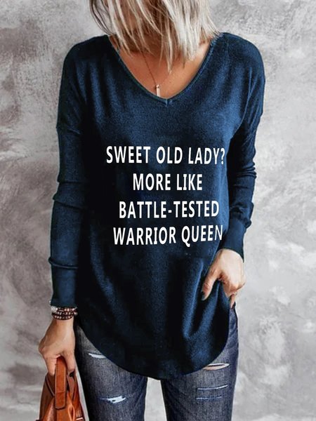 Casuale Maniche Lunghe Scollo a V Stampato Top T-shirts, Blue, Blouses & Shirts