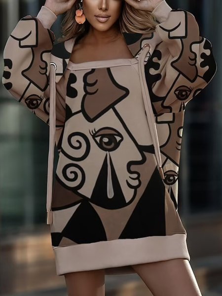 

Casual Long Sleeve Plus Size Printed Hoodie Dress, Coffee, Mini Dresses