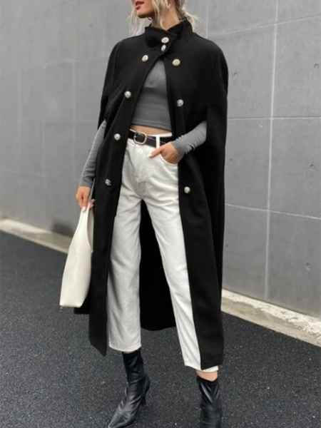 

Plain Elegant Work Stand collar Overcoat, Black, Coats