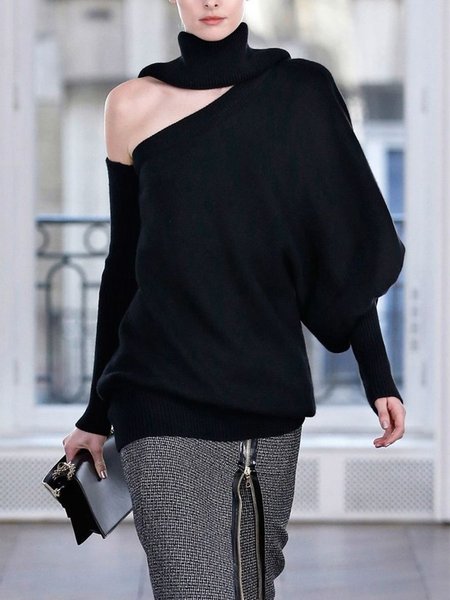 

Lady Solid High Neck Loosen Sweater, Black, Pullovers
