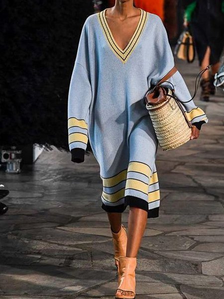 

Scollo a V a Righe Vintage Abito, Blu, Midi Dresses