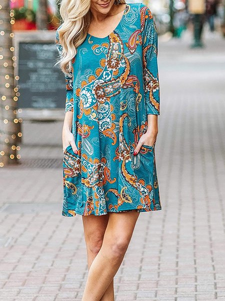 

Paisley Stampato Maniche Lunghe Regolare In forma Abito, Blu, Mini Dresses