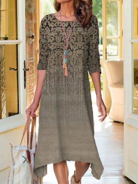 

Casual Long Sleeve Crew Neck Printed Dresses, Multicolor, Midi Dresses