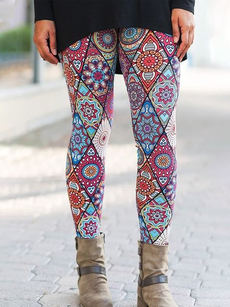

Vintage Geometric Printed Plus Size Casual Pants, Multicolor, Leggings