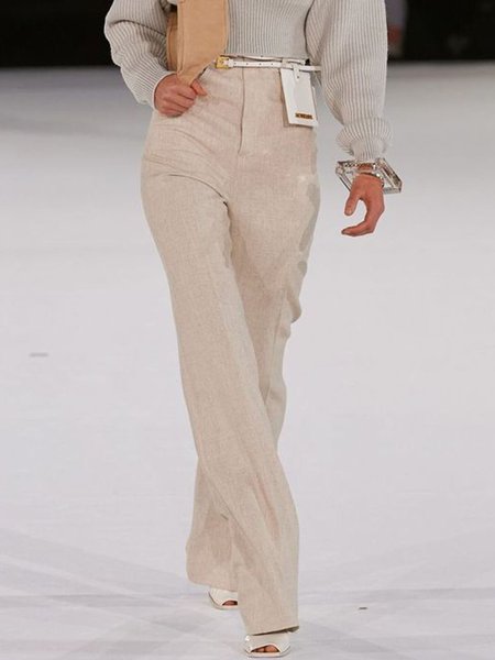 

Simple Regular Fit Plain Simple Pants, White-brown, Straight Leg Pants