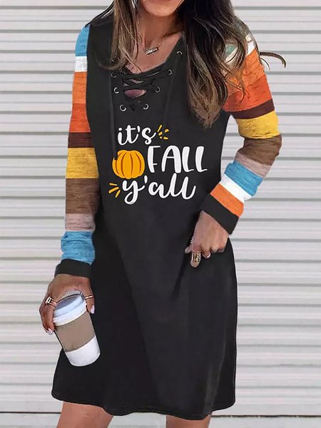 

It's Fall Y'all Pumpkin Color Block Striped V neck Casual Mini Knitting Dress, Black, Mini Dresses