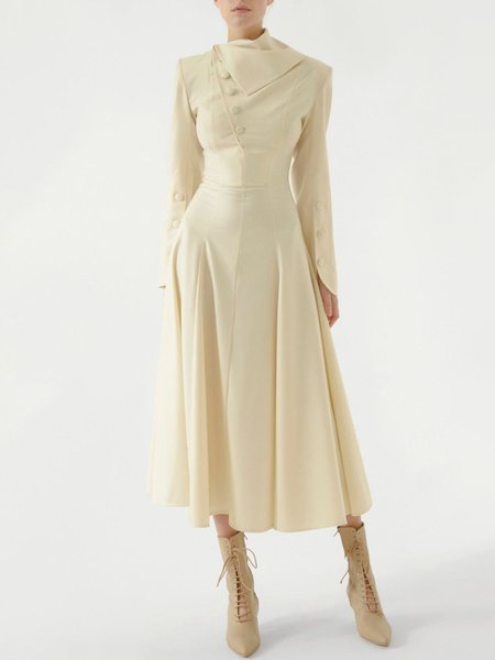 

Asymmetrical Neck Regular Fit Plain Mini Dress, Beige, Midi Dresses