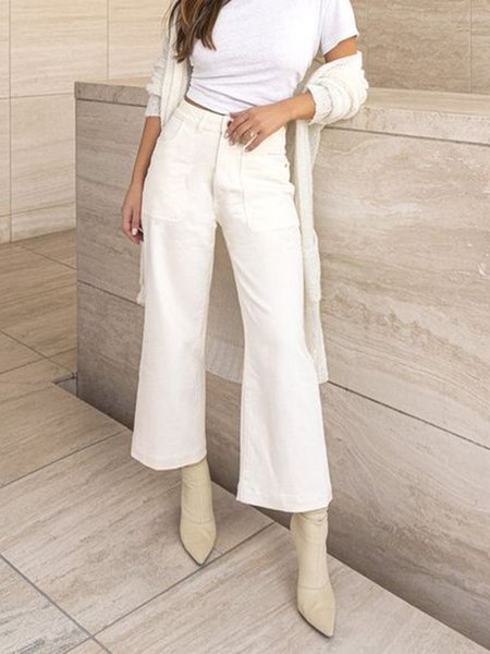 

Regular Fit Solid Daily Pants, White, Wide Leg Pants