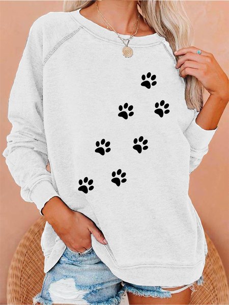 

Cat Paw Print Round Neck Polyester Cotton Sweatshirt, White, Hoodies&Sweatshirts