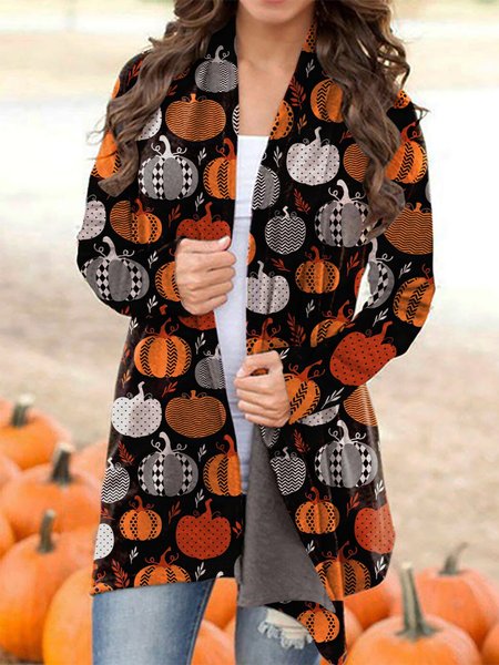 

Casual Long Sleeve Plus Size Printed Cardigan, Orange, Outerwear