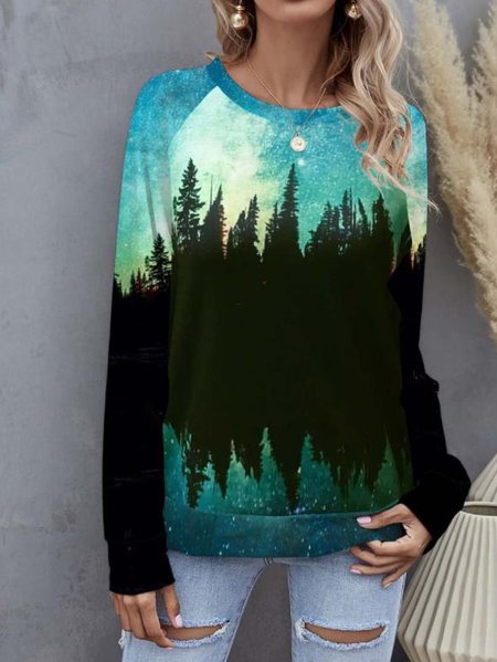 Raglan Sleeve Landscape Print Crew Neck Sweatshirt, Green, Sweatshirts & Hoodies