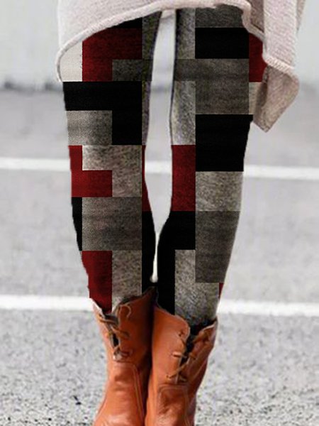 

Regular Fit Casual Geometric Pants, Red, leggings