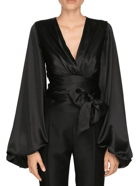 

Regular Fit Elegant Solid V Neck Top, Black, Blouses and Shirts