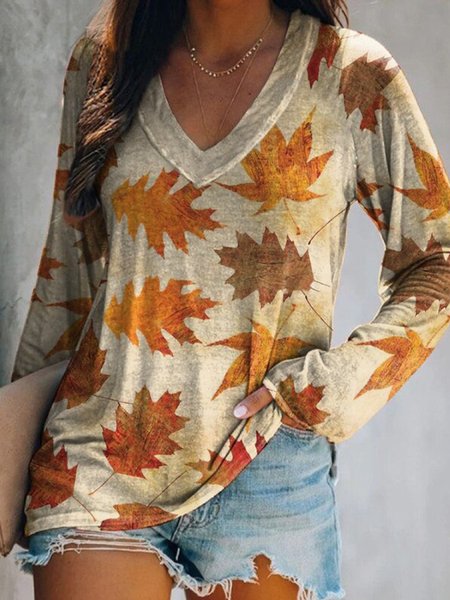 

Casuale Maniche Lunghe Scollo a V taglia grande Stampato Top T-shirts, Giallo, Blouses & Shirts