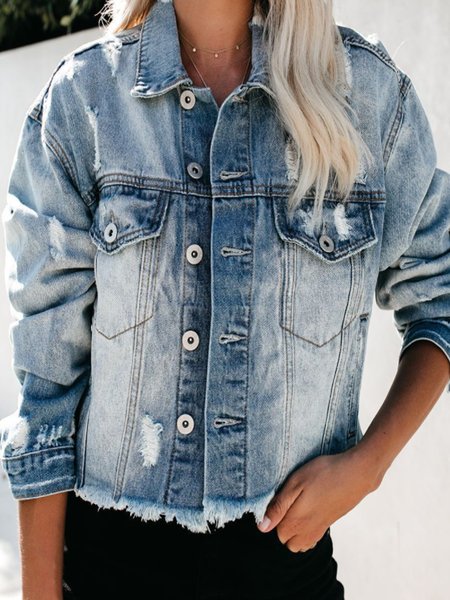 

Casual Daily Plain Shirt Sleeve Vintage Jackets, Blue, Coats