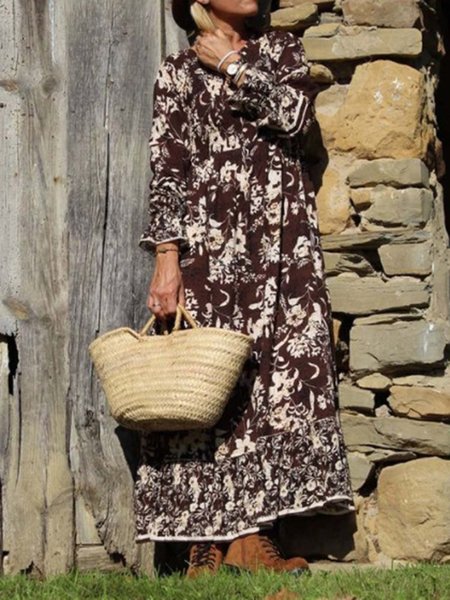 

Raglan Sleeve Casual Floral Dresses, Deep brown, Maxi Dresses