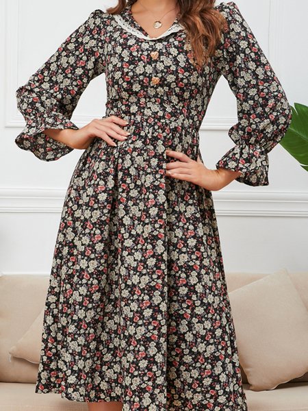 

Patchwork V-Neck long sleeved floral floral floral dress, Black, Floral Dresses