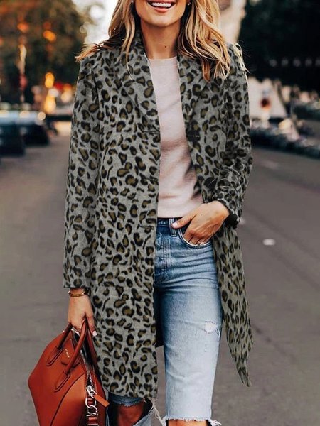 

Holiday Daily Long Sleeve Casual Leopard Print Lapel Coat, Gray, Coats