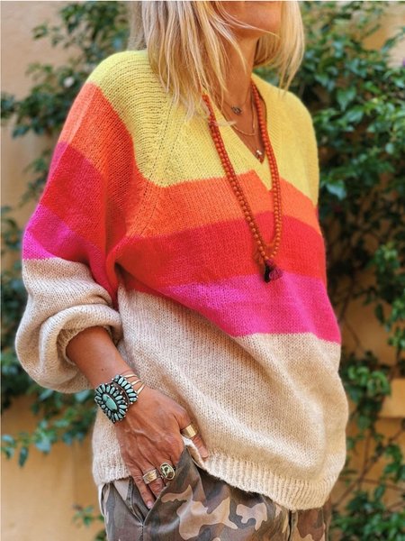 

Casuale Maniche Lunghe Scollo a V Maglione, Giallo, Sweater