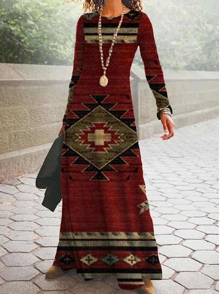Retro Geometric Print Long Sleeve Winter Maxi Dress, Red, Boho dresses