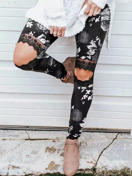 

Sexy Floral Skinny Leggings, Black, Leggings