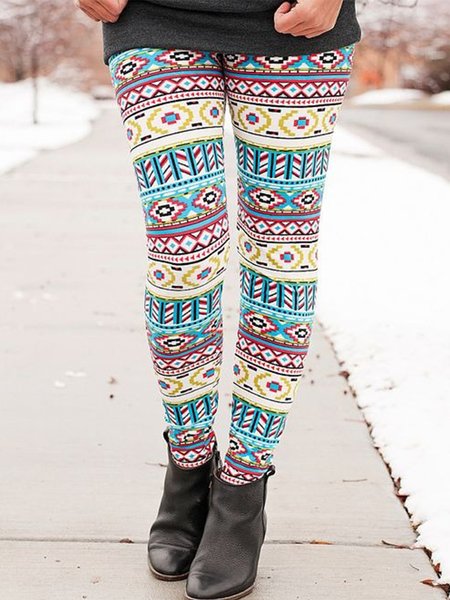 

Vintage Geometric Printed Plus Size Casual Pants, Multicolor, Leggings