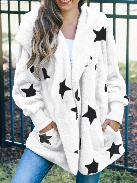 

Vacation Casual Star Loose Lapel Collar Hoodie Outerwear, White, Coats