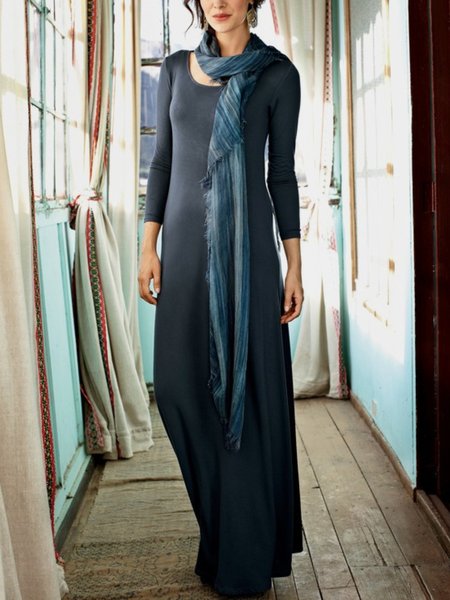 

Casual Long Sleeve Round Neck Plus Size Dress, Black, Maxi Dresses