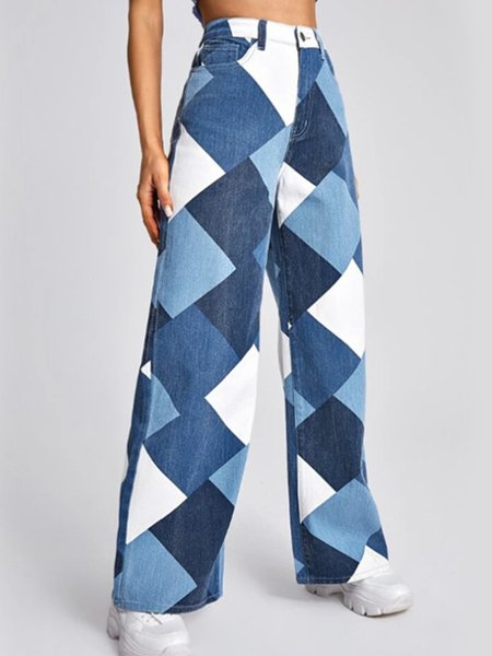

Daily Vintage Casual Denim Geometric Pants, Blue, Jeans